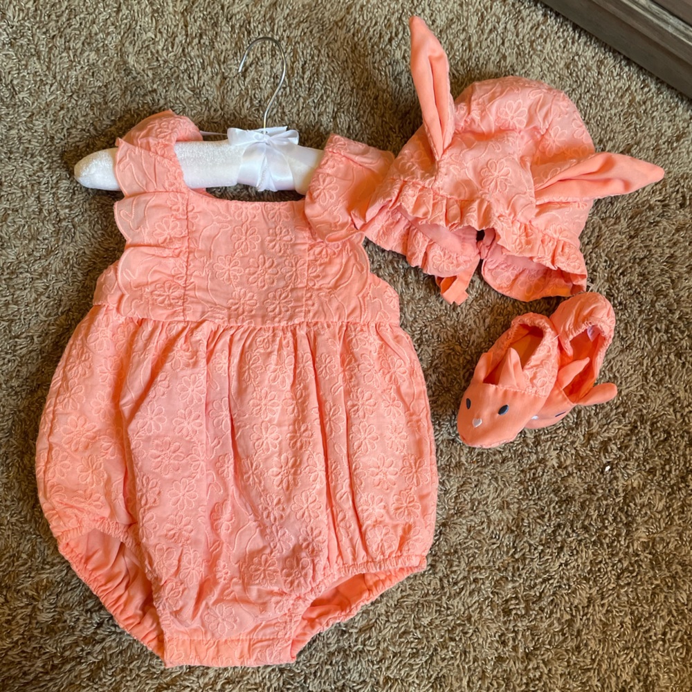 Cupcakes and Cashmere peach color Easter bunny outfit, slippers and hat